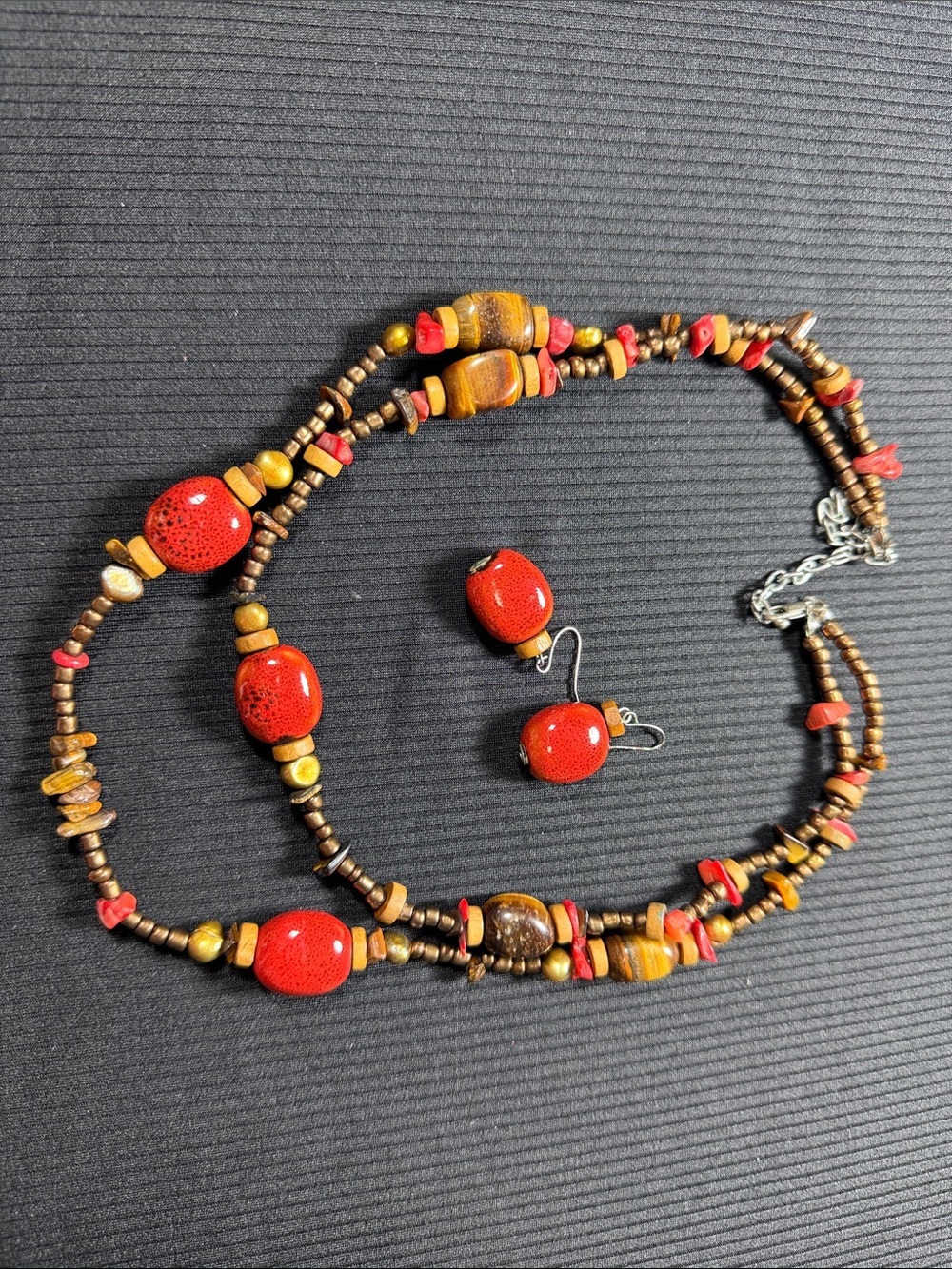Handcrafted Red and Brown Beaded Necklace & Earrings Set